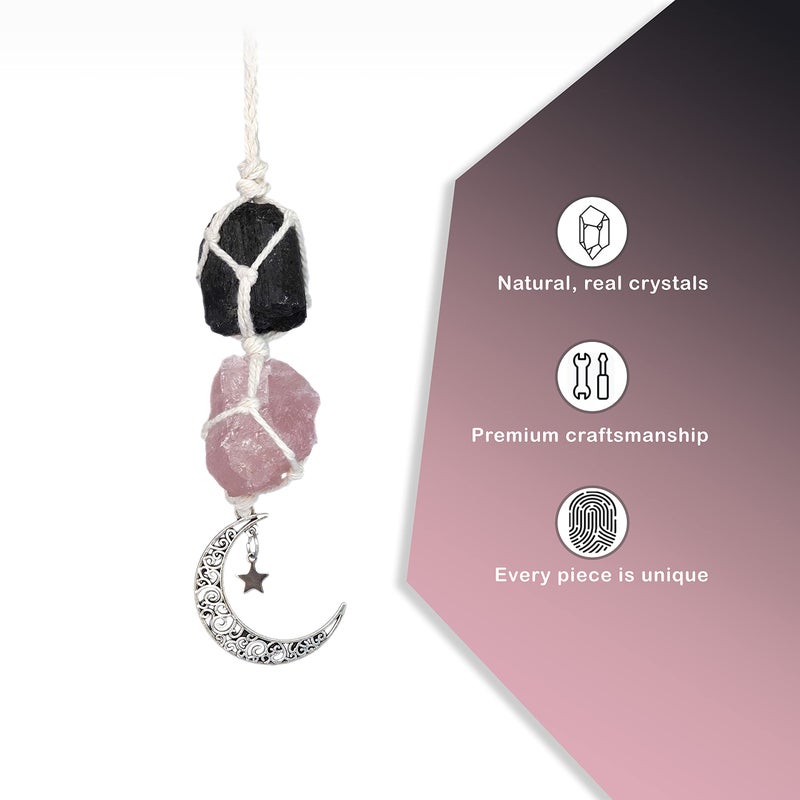 BOHO GARDEN Hanging Car Charm - Black Tourmaline & Rose Quartz - Dangling Moon  Healing Crystal Accessories  Rearview Mirror Decorations - Grounding  Confidence  Protection  Love  Self-Worth  Energy - Image 3